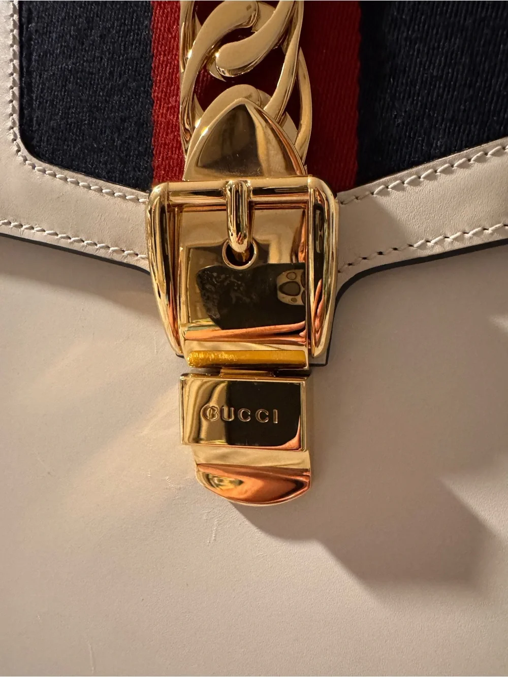 Gucci Cream Leather Top-Handle Satchel with Red & Navy Stripe